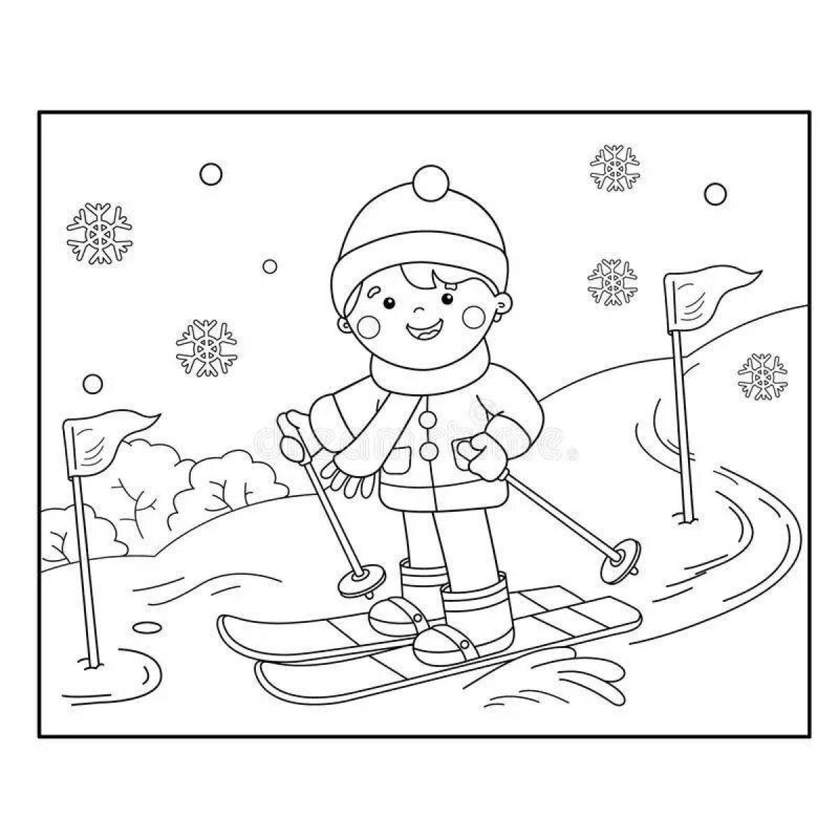 Glittering winter sports coloring page for 4-5 year olds