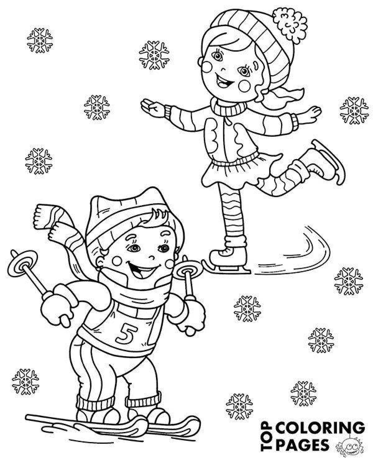 Playful winter sports coloring page for 4-5 year olds