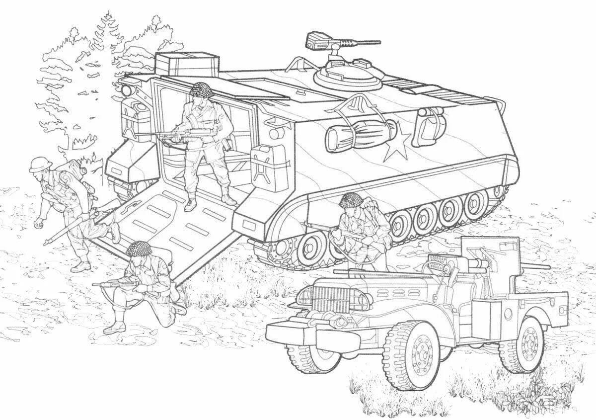 Dynamic military vehicles coloring book for 6-7 year olds