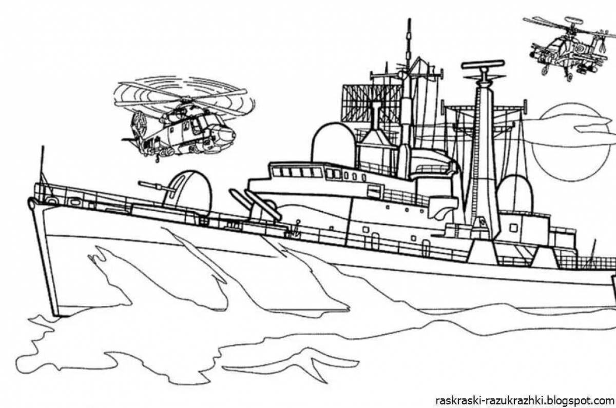 Ярко окрашенная страница раскраски военного корабля