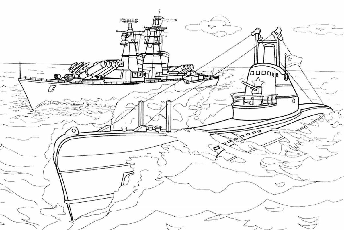 Богато раскрашенная страница раскраски военного корабля