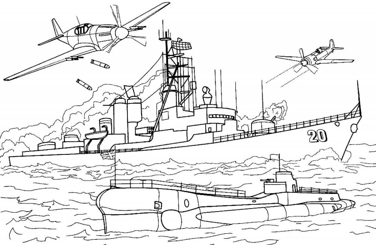 Красочно детализированная страница раскраски военного корабля