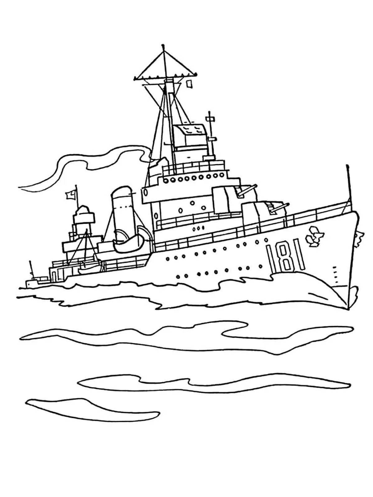Colorfully illustrated warship coloring page