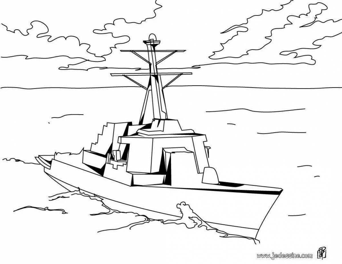 Colorfully designed warship coloring page