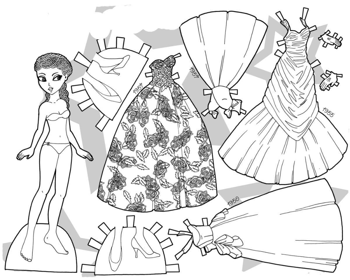 Bright paper dolls with clothes for carving a girl