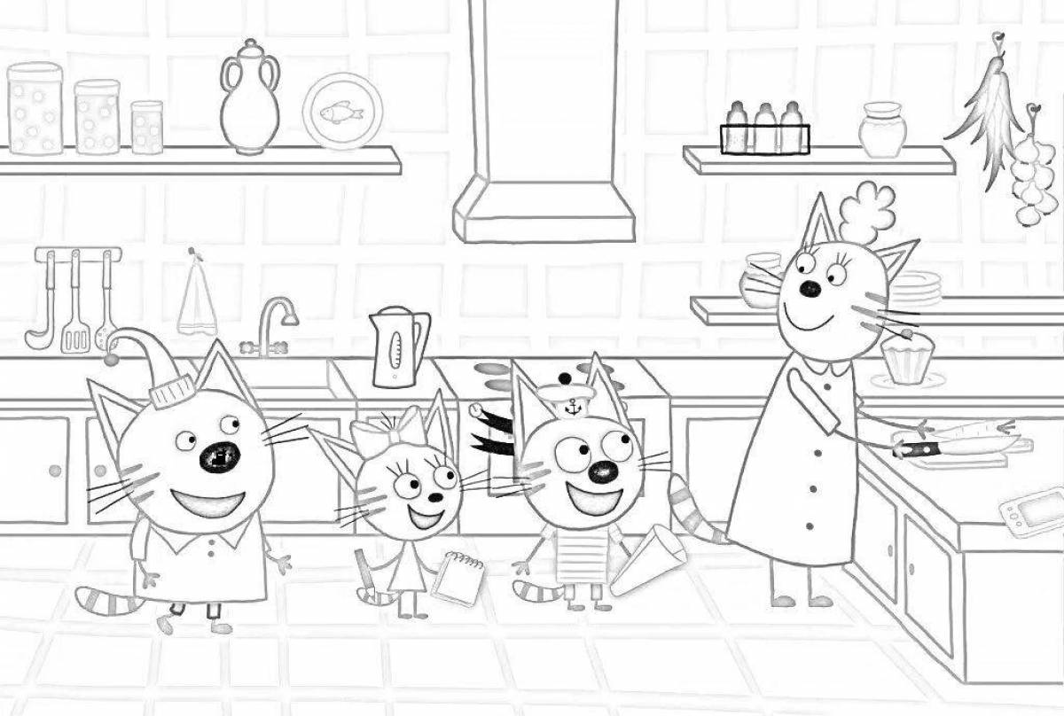 Coloring pages anniversary 3 cats for children