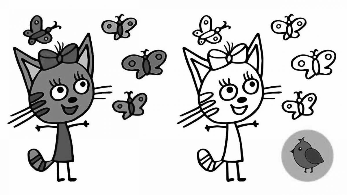Раскраска игривая три кошки карамель