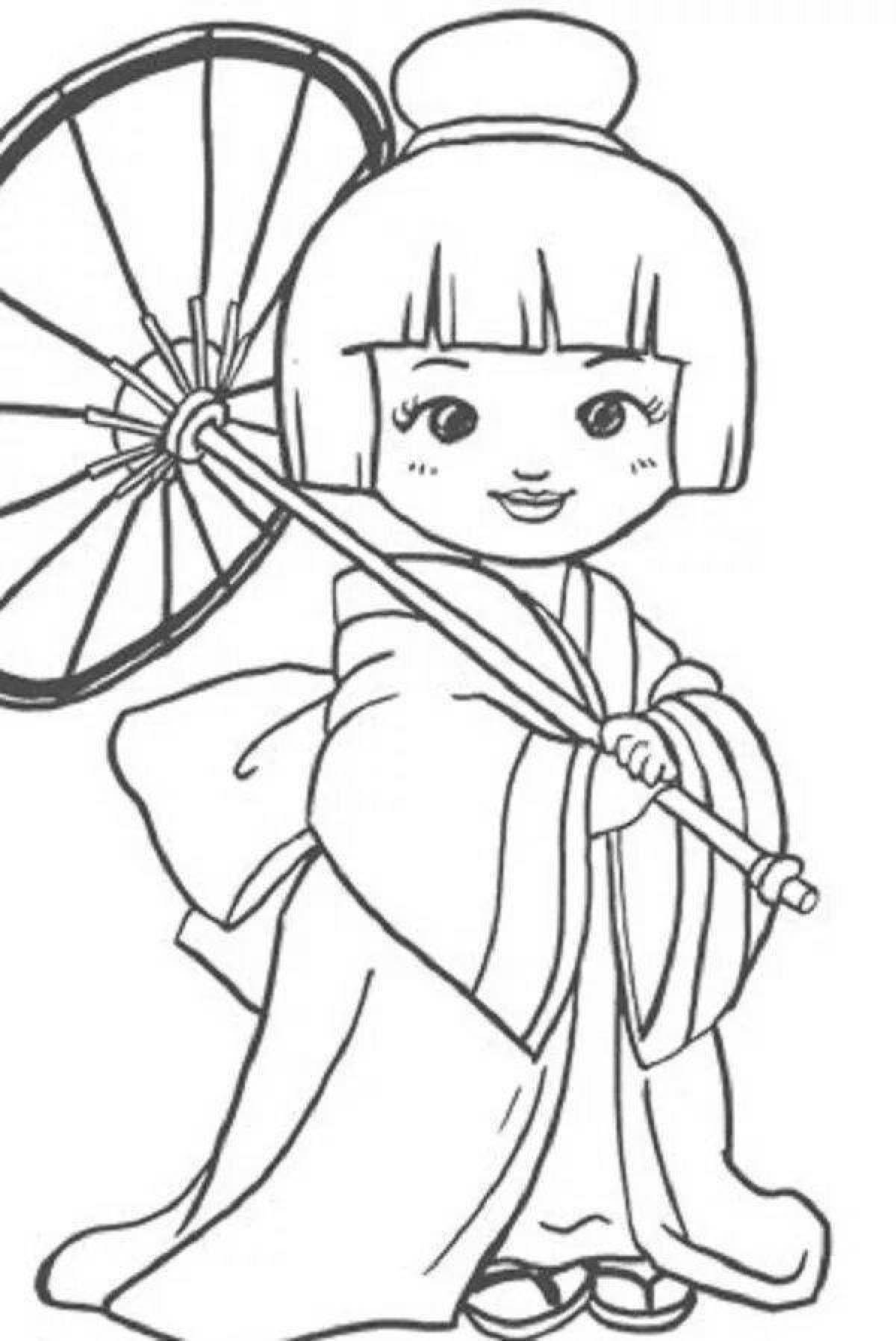 Девочка в кимоно раскраска