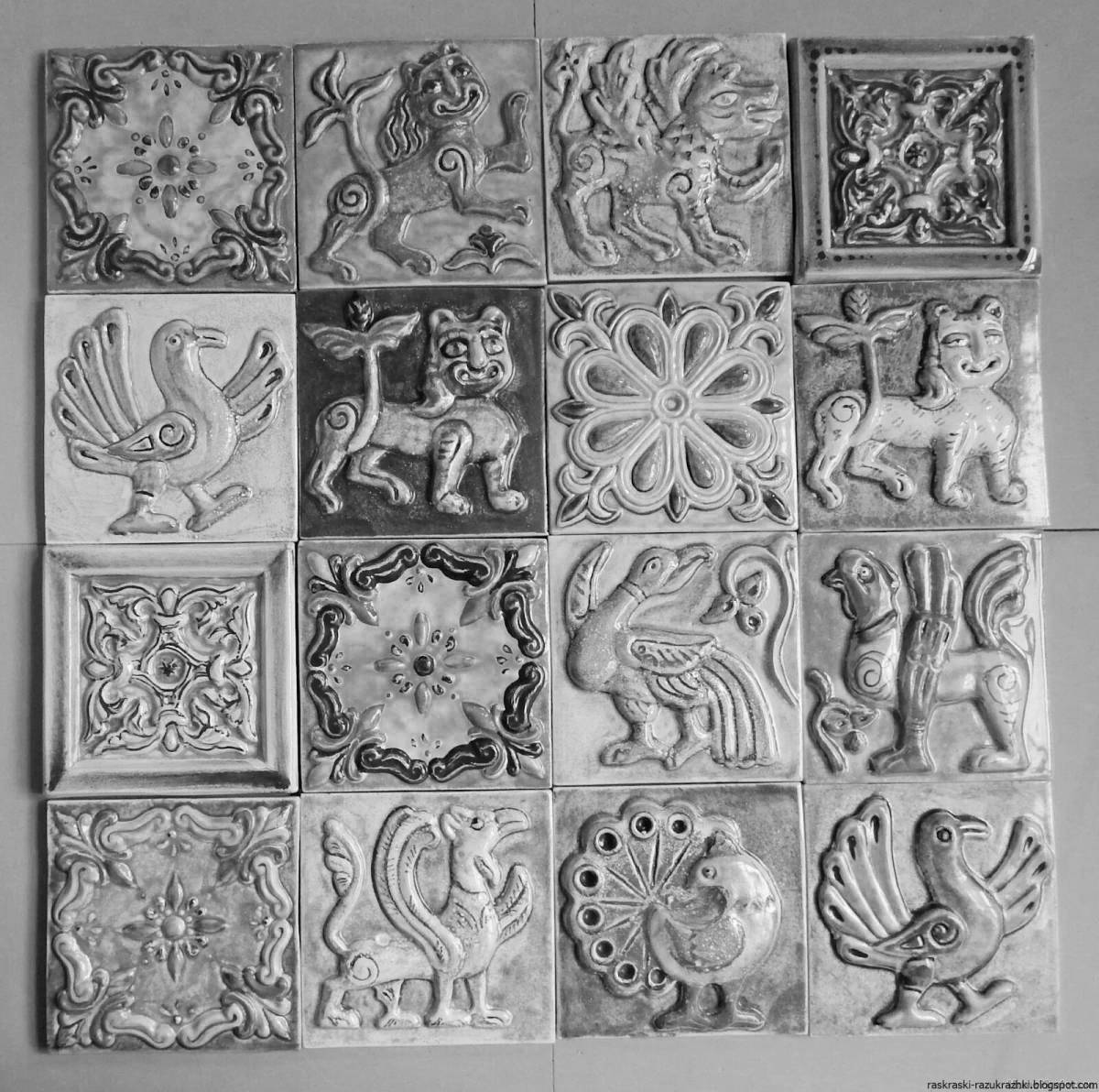 Coloring book cheerful ceramic tiles