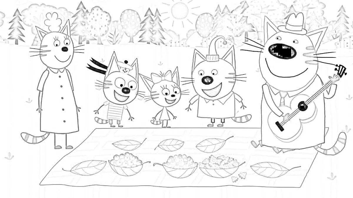 Three cats colorful coloring page