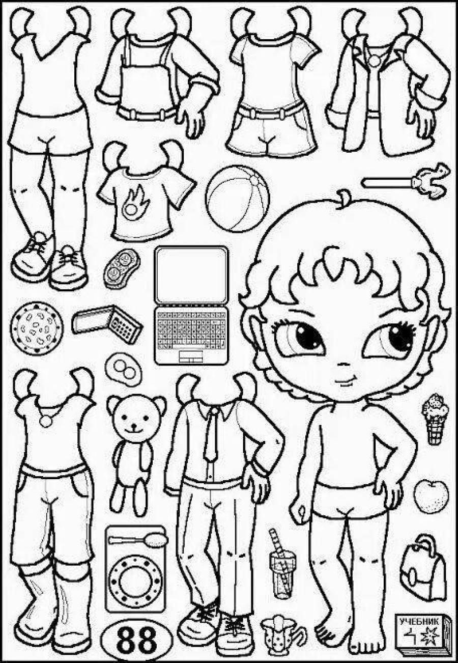 Раскраска кукла мальчик с одеждой