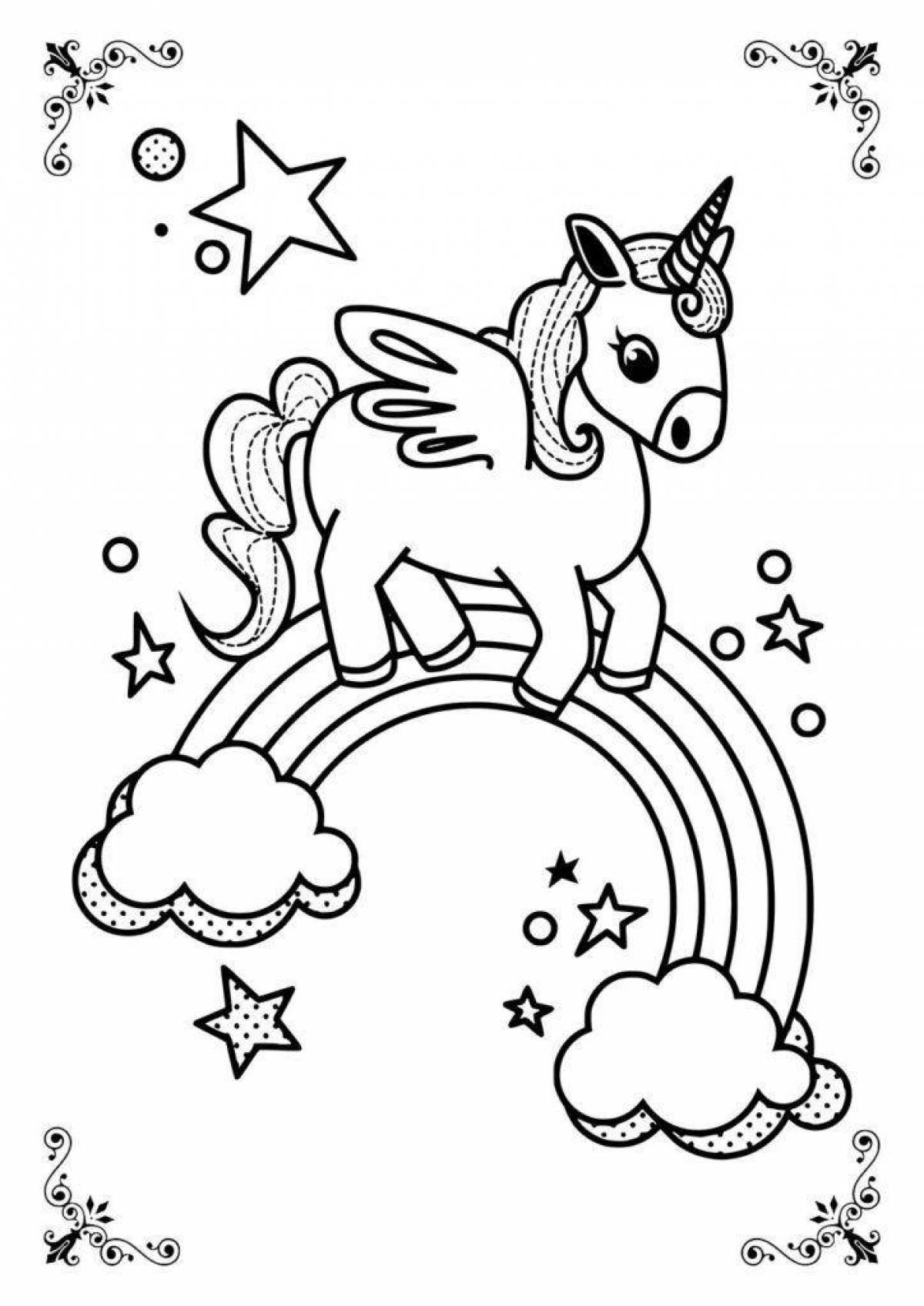 Mystical coloring unicorn with rainbow