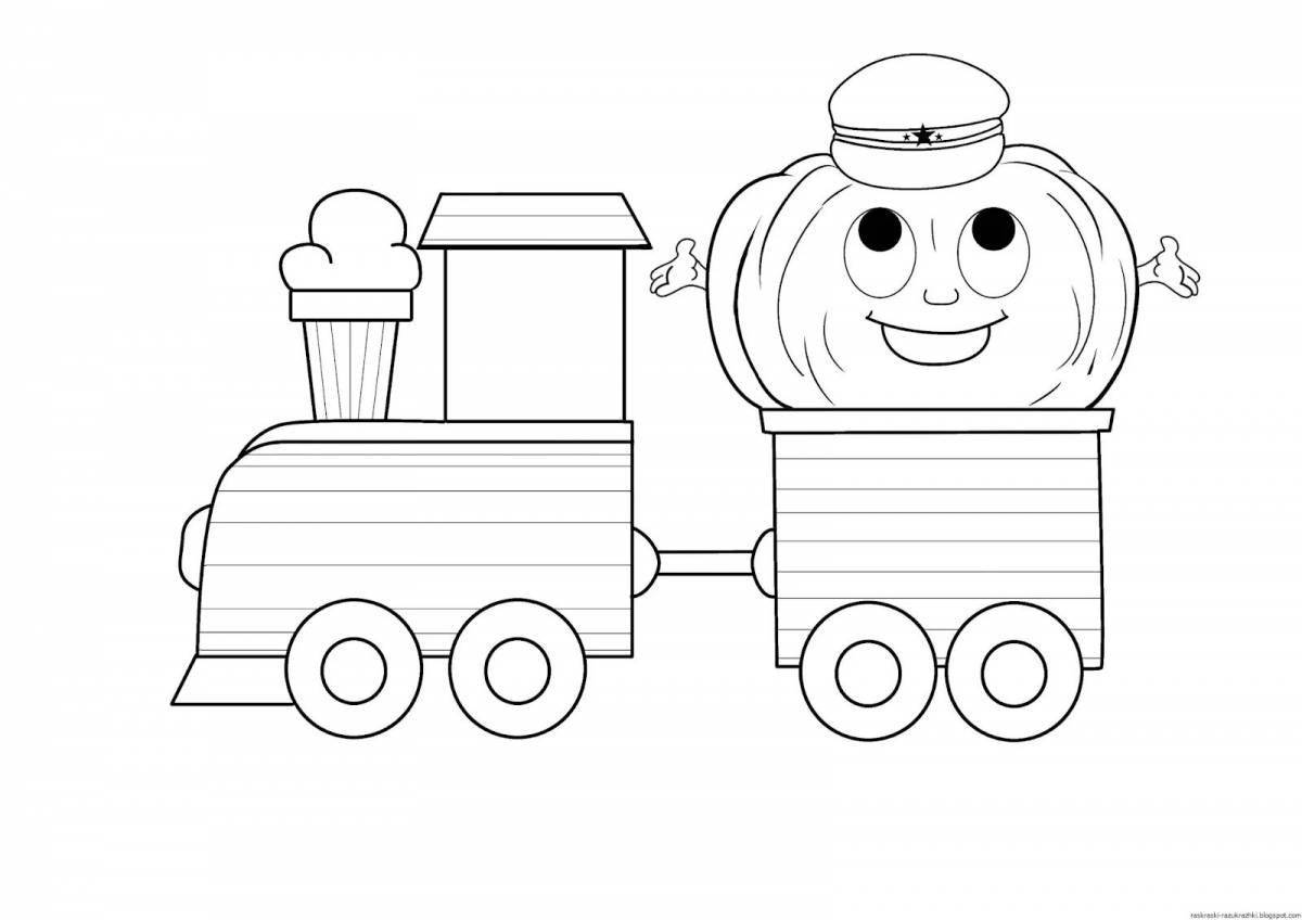 Playful train coloring page for 3-4 year olds