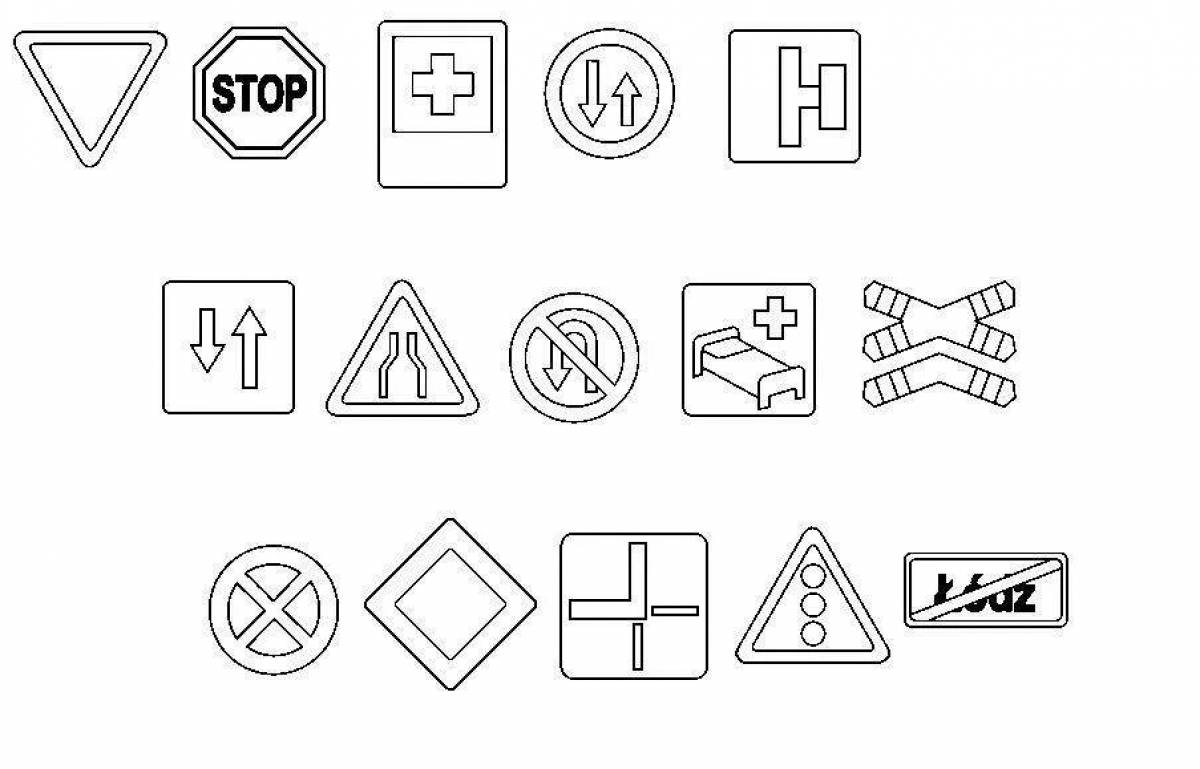 Coloring page with bright road signs