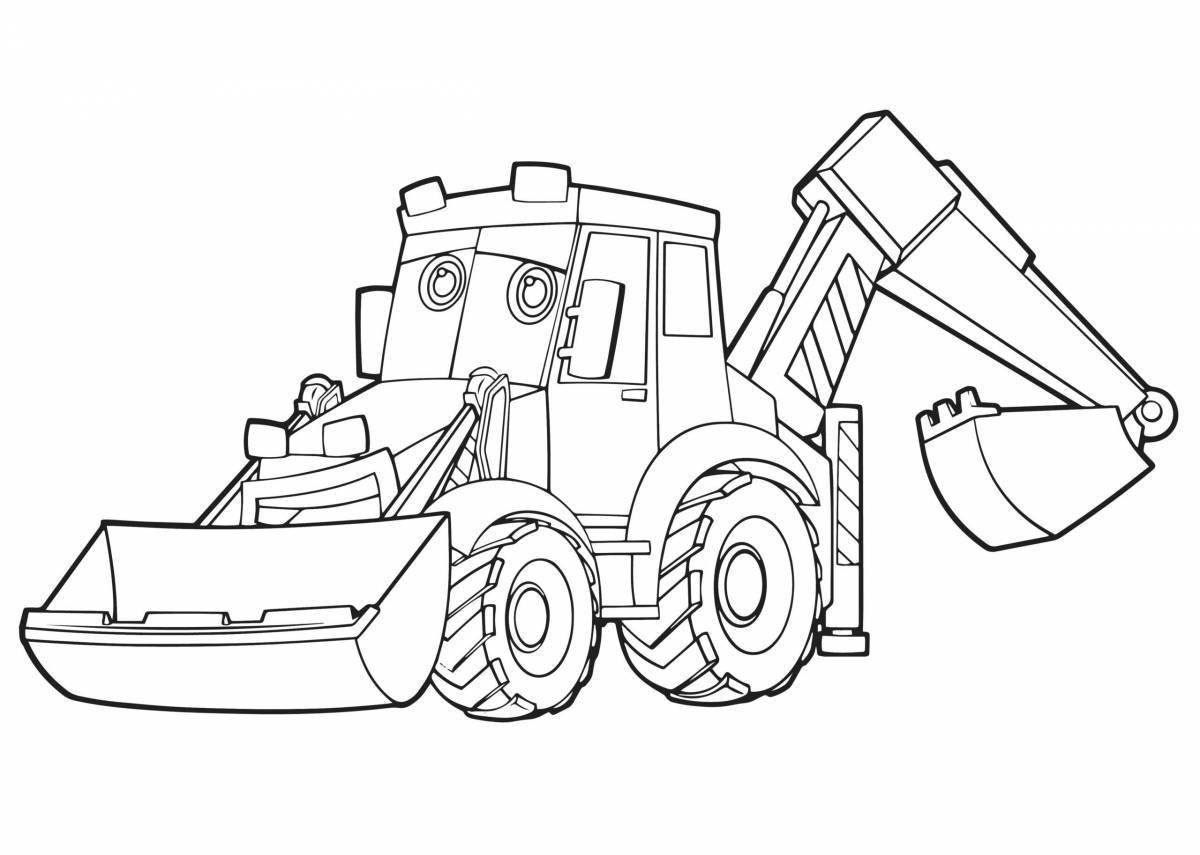 A shiny tractor with a shiny golden bucket