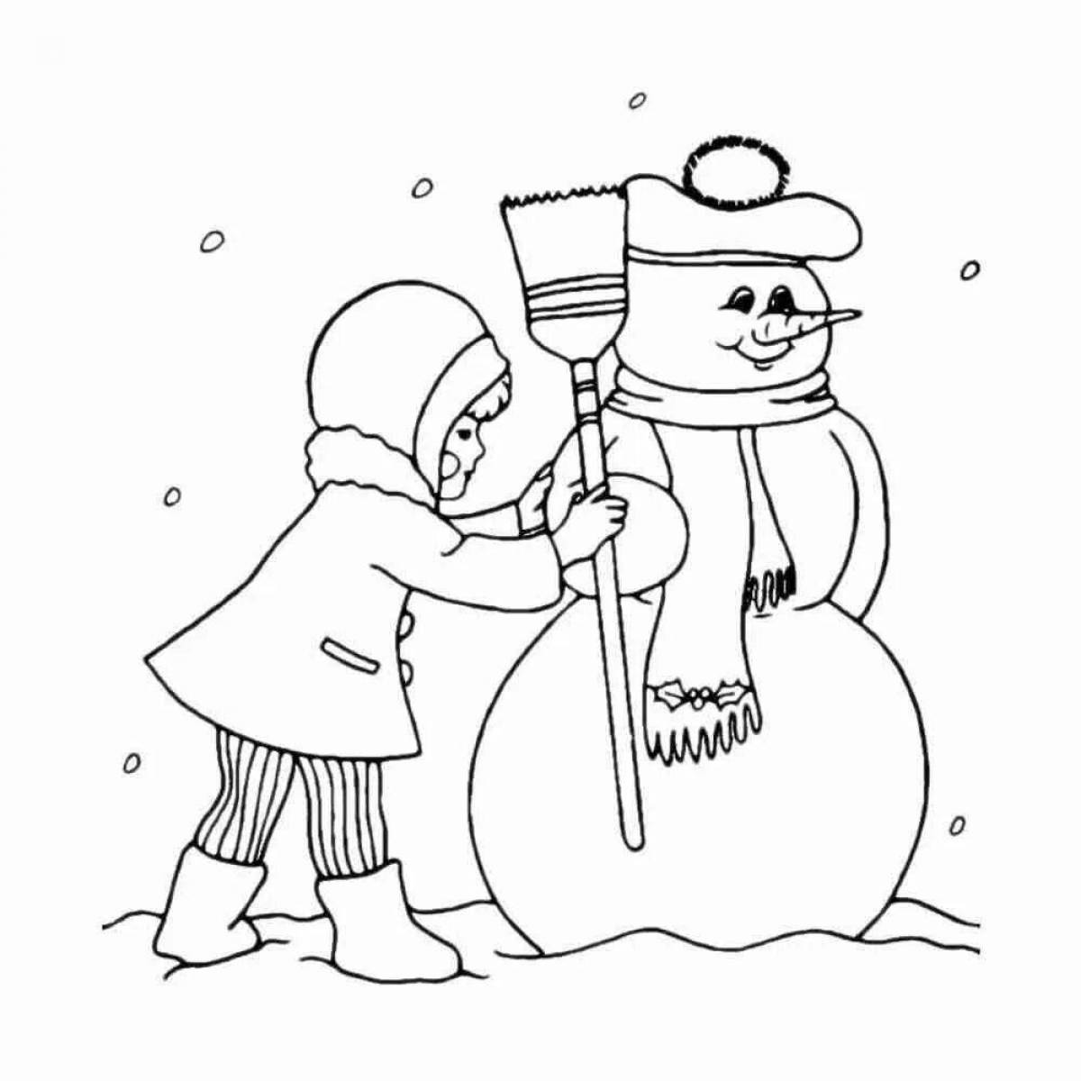 Дети лепят снеговика раскраска для детей
