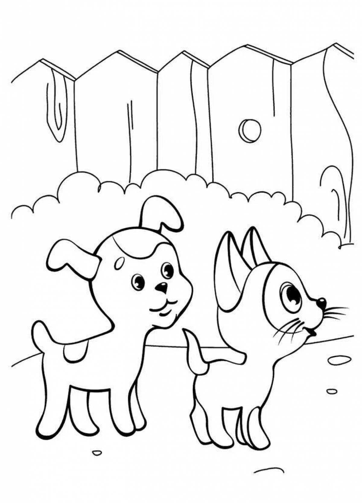 Coloring page hugging kitten and puppy