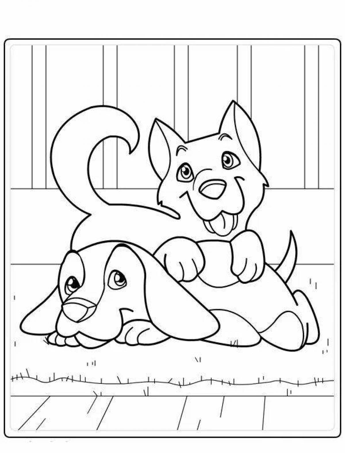 Coloring page affectionate kitten and puppy