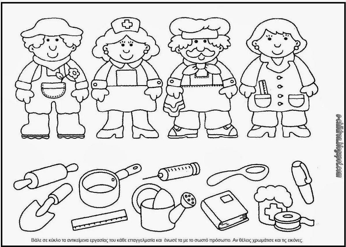 Colorful occupations coloring pages for younger students in kindergarten