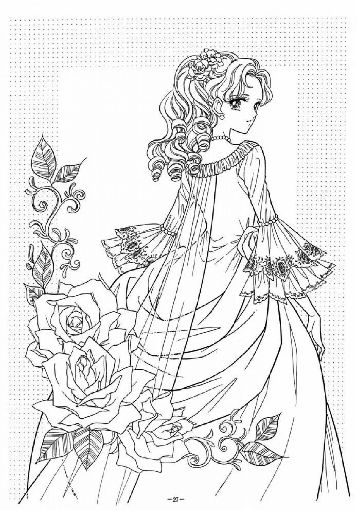 Coloring page exalted for girls princesses in beautiful dresses