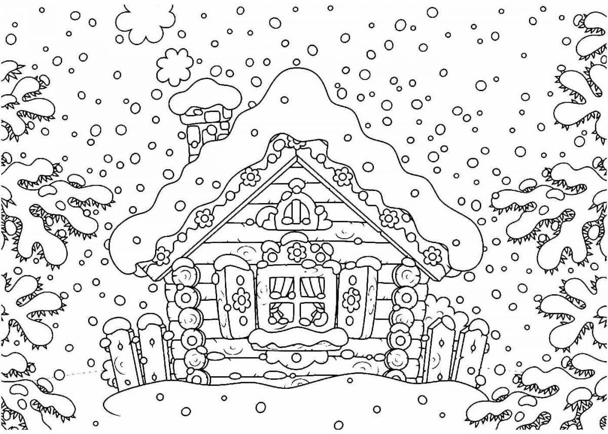 Fancy winter house coloring page