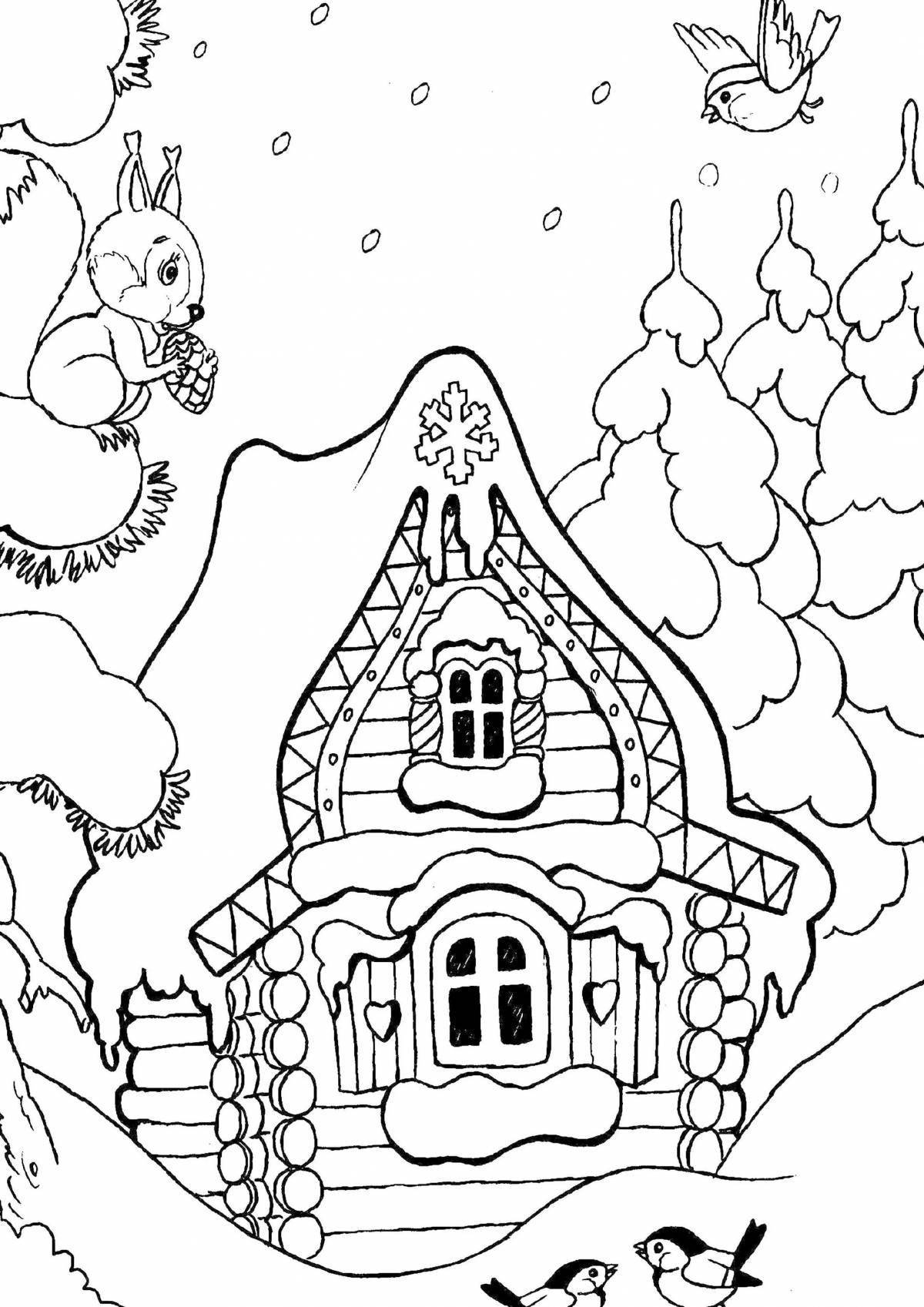 Colorful winter house coloring page