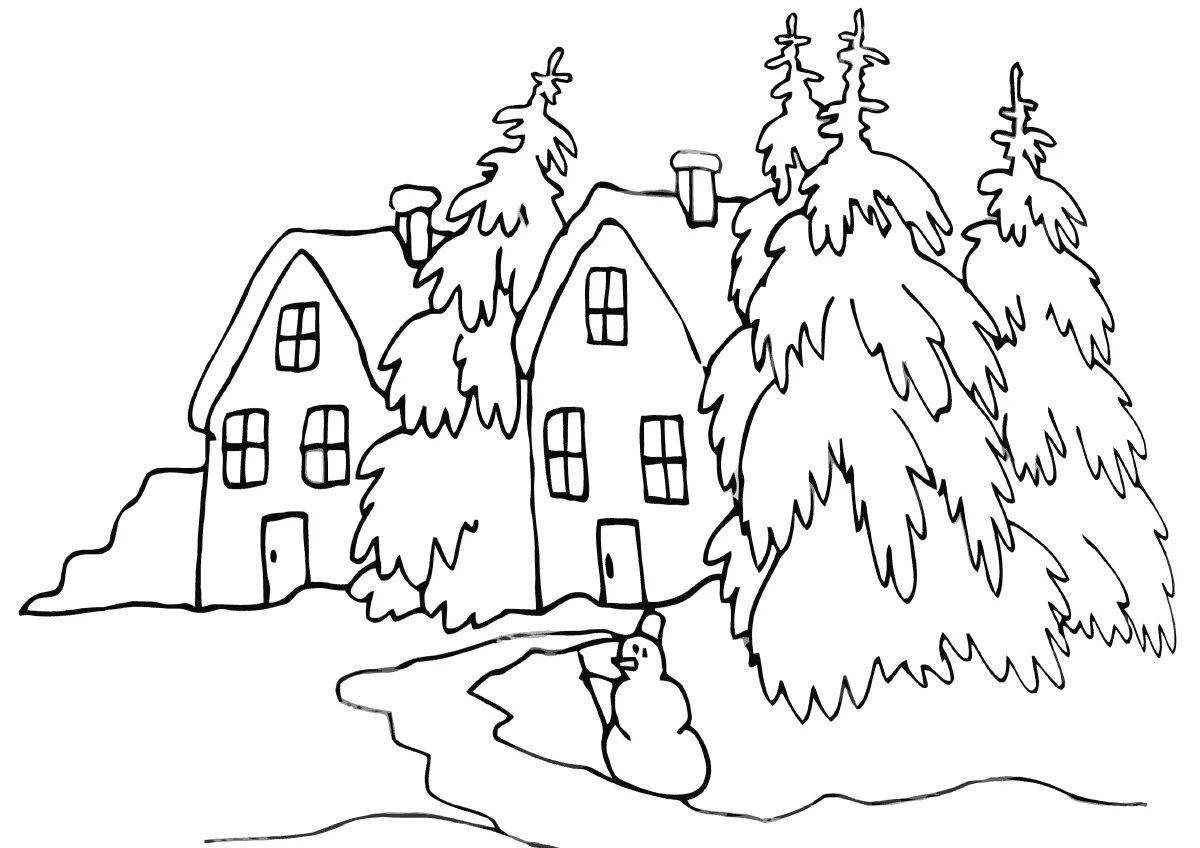 Glowing winter house coloring page