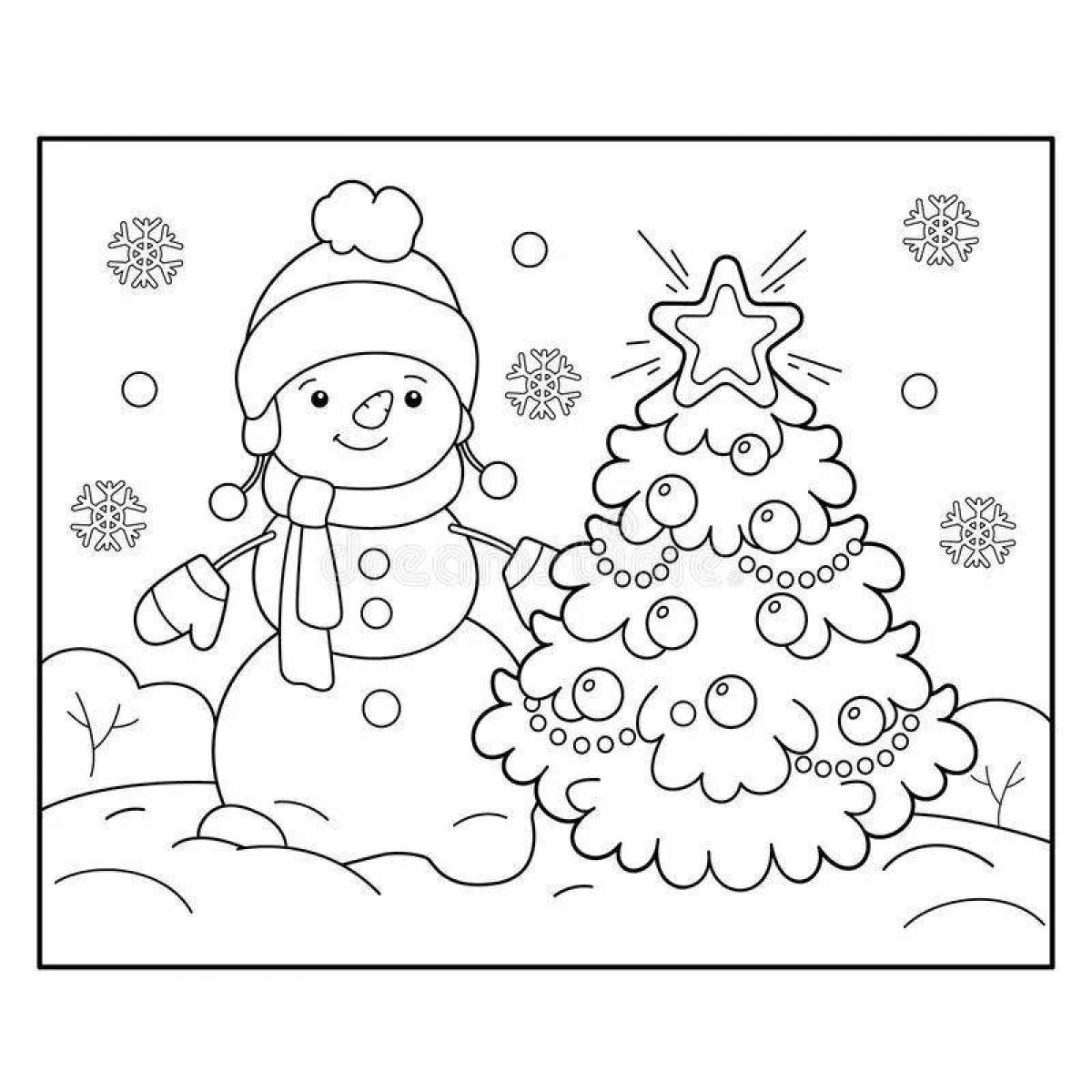 Раскраска новый год для детей Снеговик с елкой