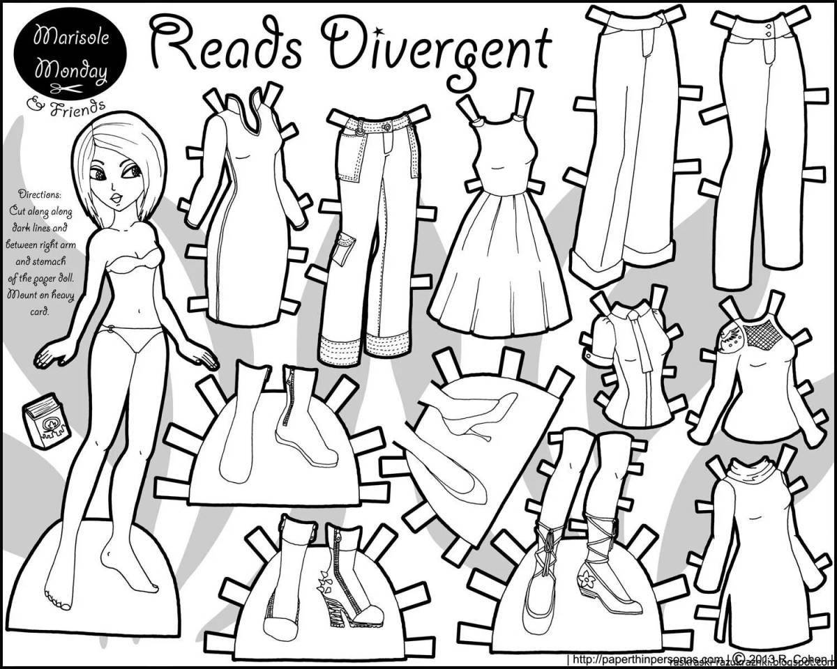 Adorable coloring book of a girl with clothes to cut out