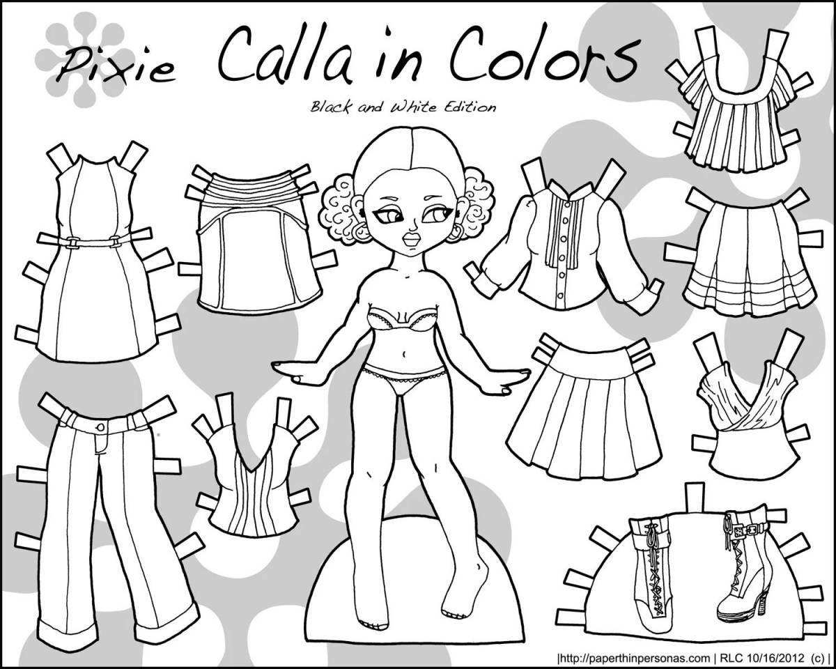 Shiny coloring book of a girl with clothes to cut out