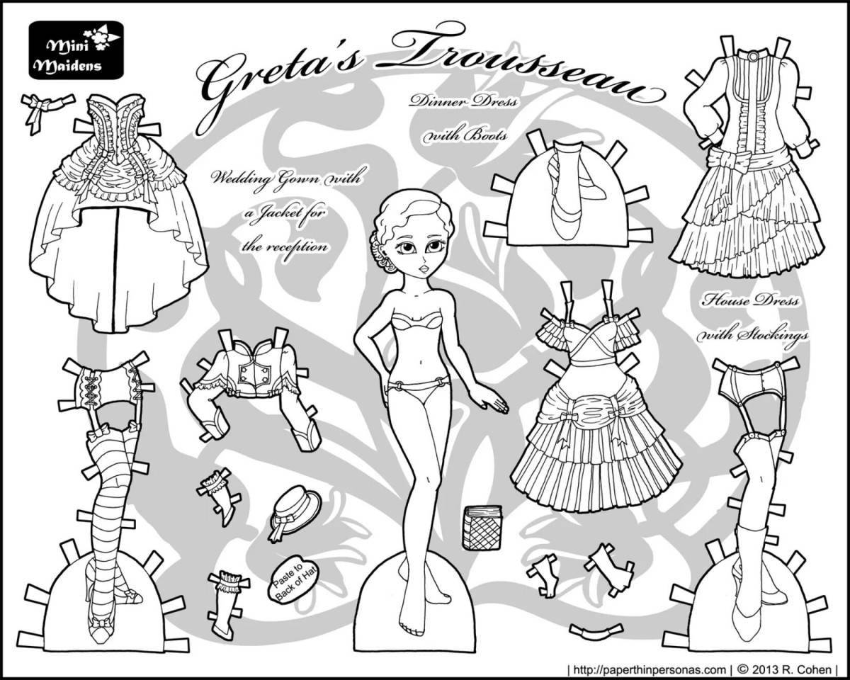 A fun coloring book for a girl with clothes to cut out