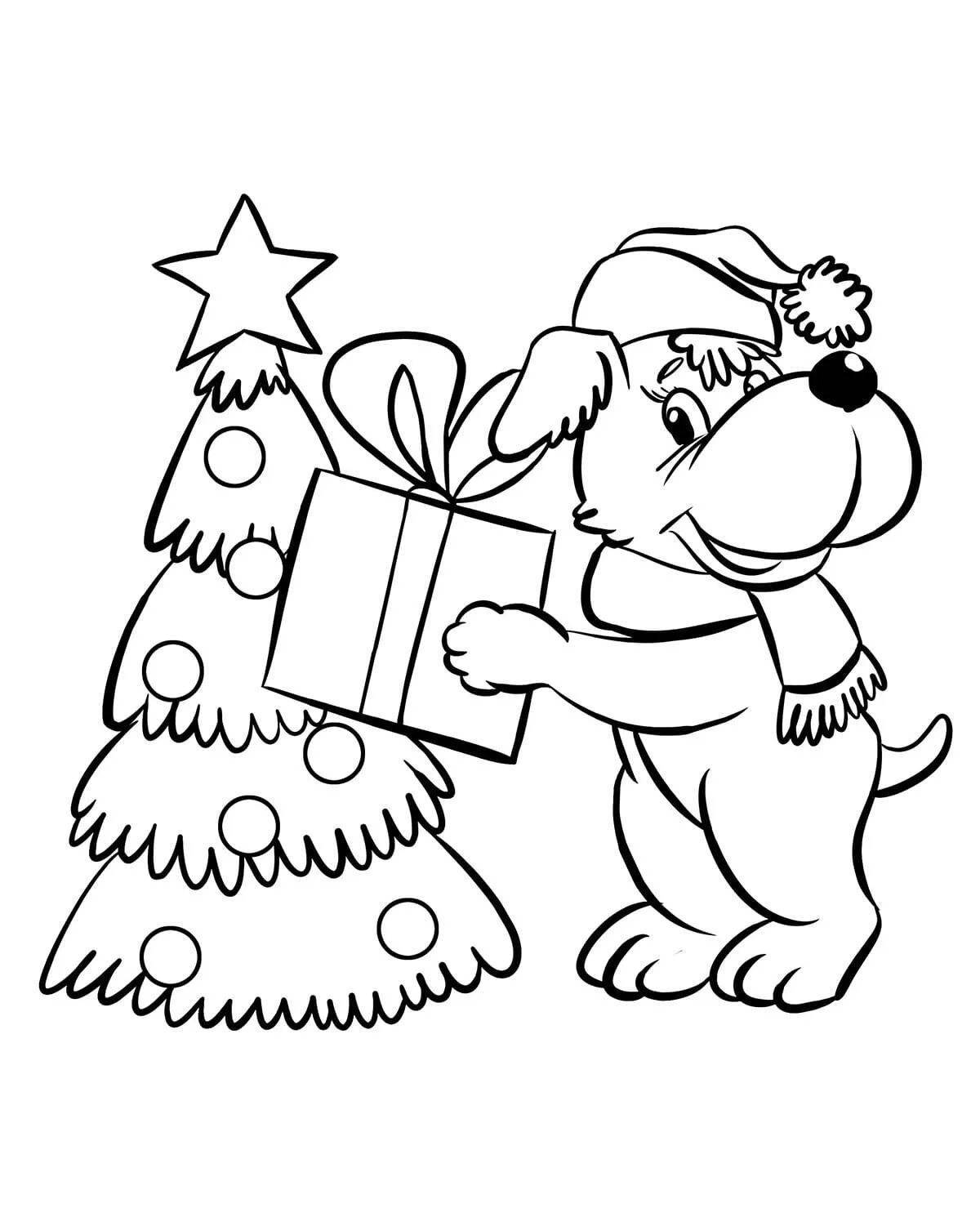 Радостная рождественская раскраска собаки