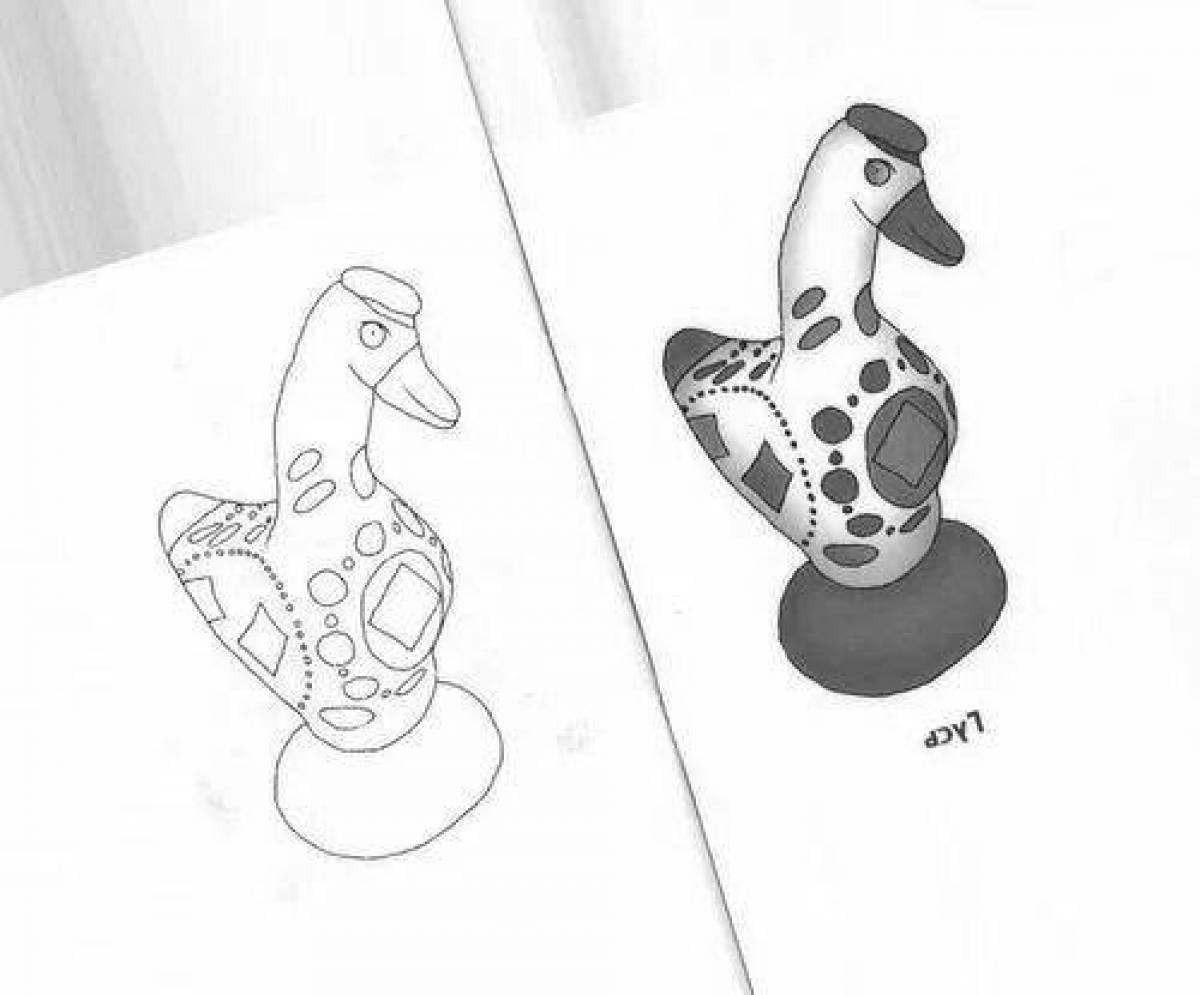 Coloring page stylish Dymkovo duck