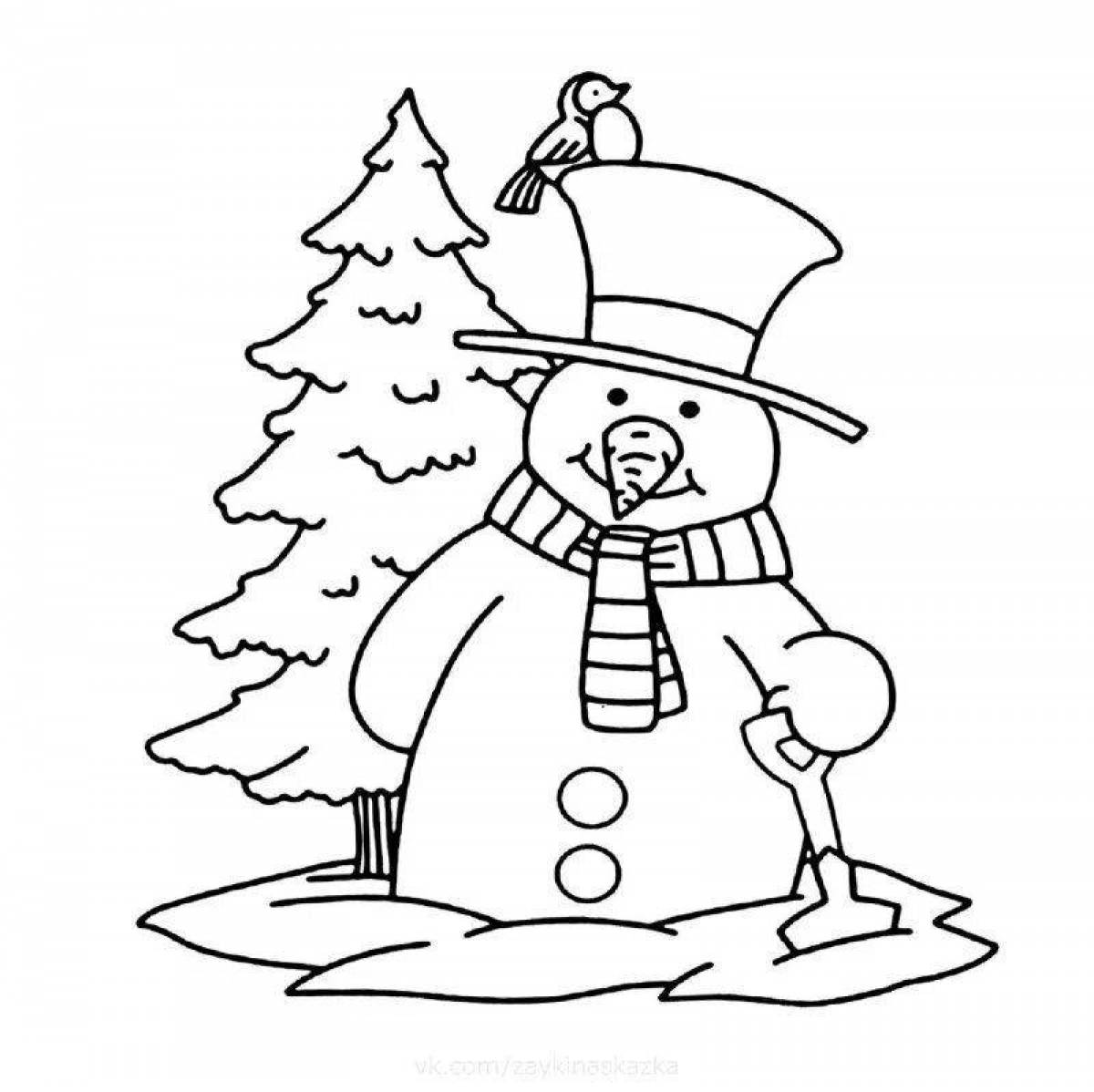 Coloring book joyful tree and snowman
