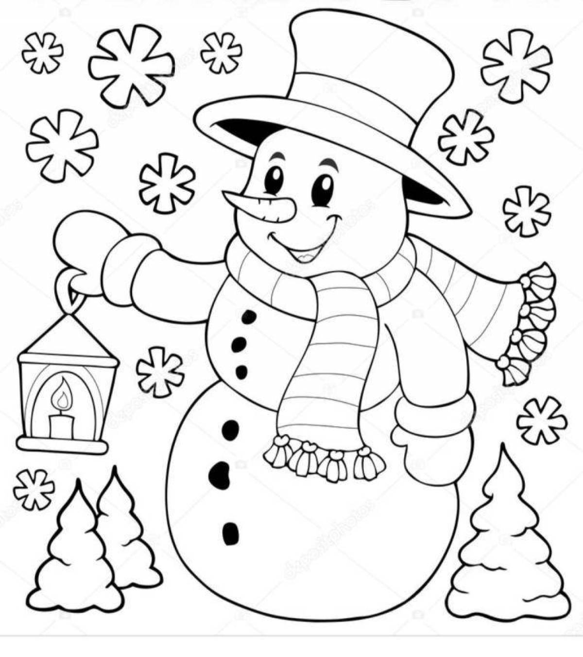 Magic tree and snowman coloring page