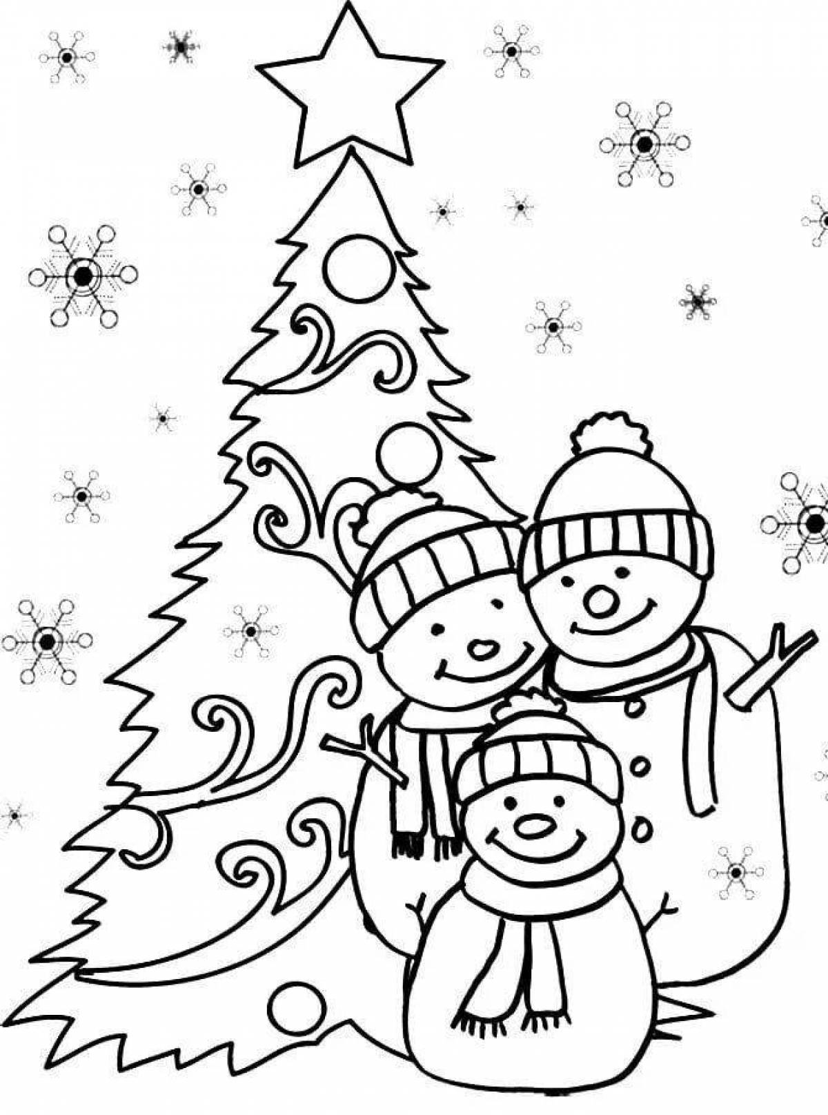 Playful tree and snowman coloring page