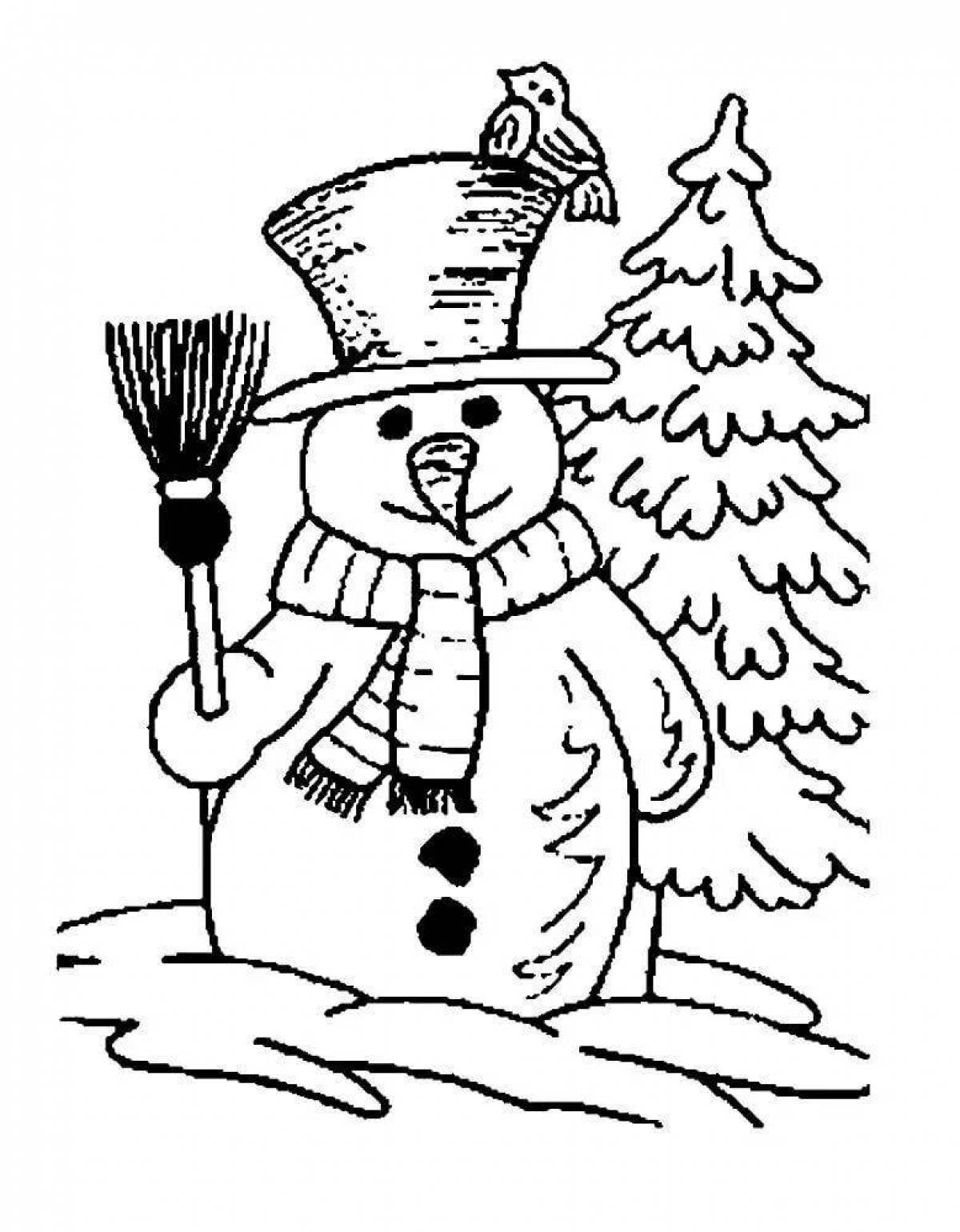 Glowing tree and snowman coloring page