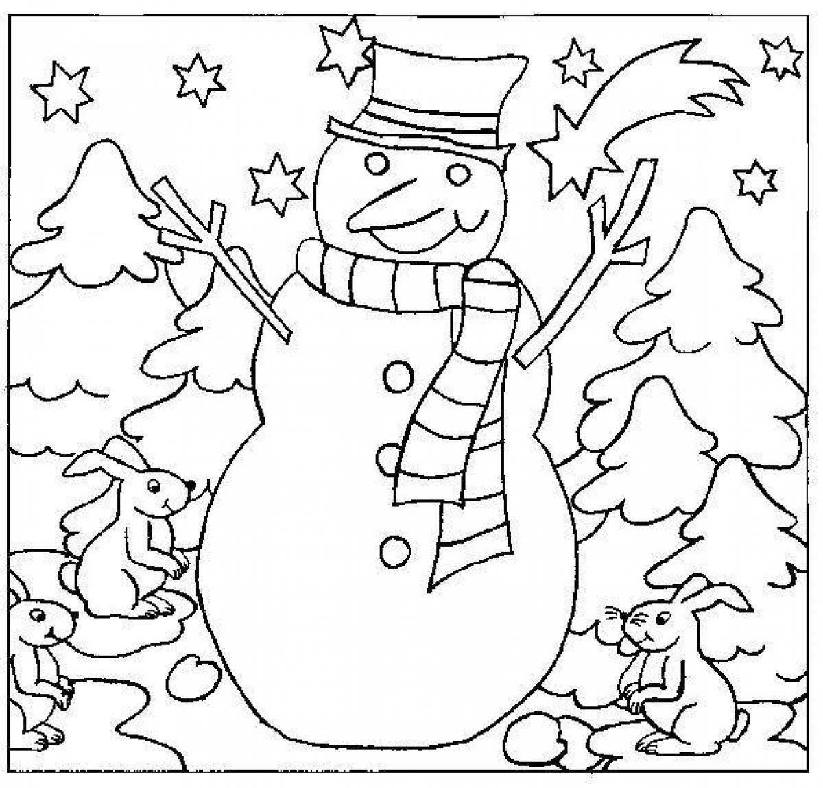 Coloring book magical tree and snowman
