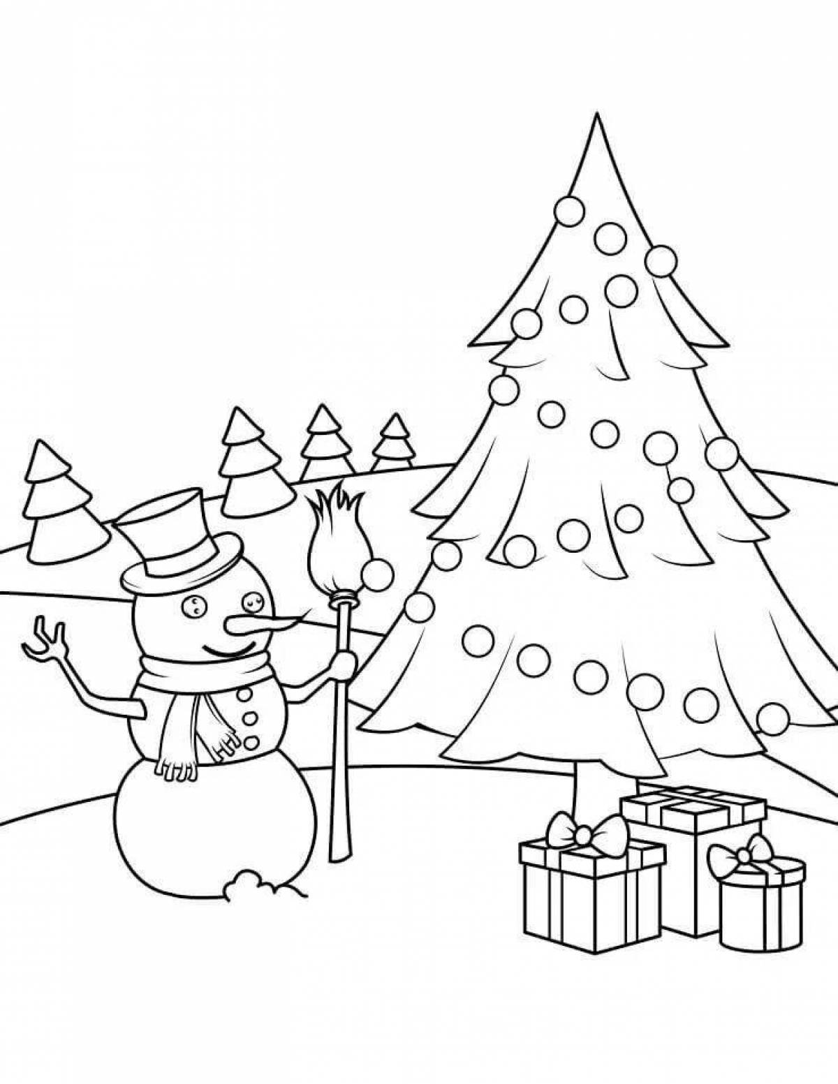 Sparkling tree and snowman coloring book