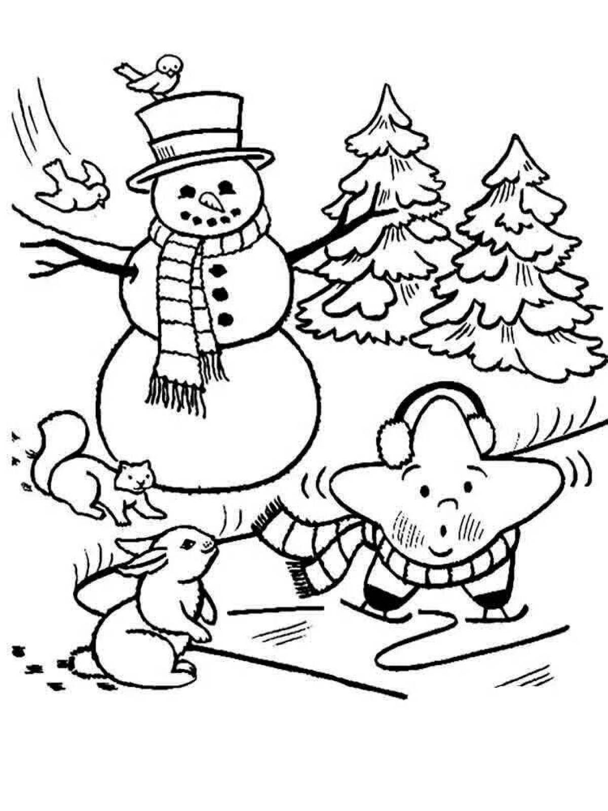 Coloring book joyful tree and snowman