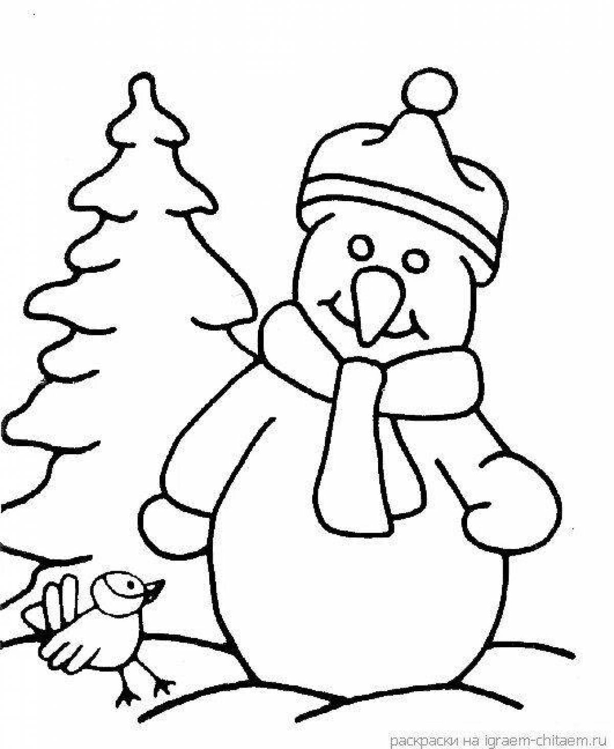 Coloring book gorgeous tree and snowman