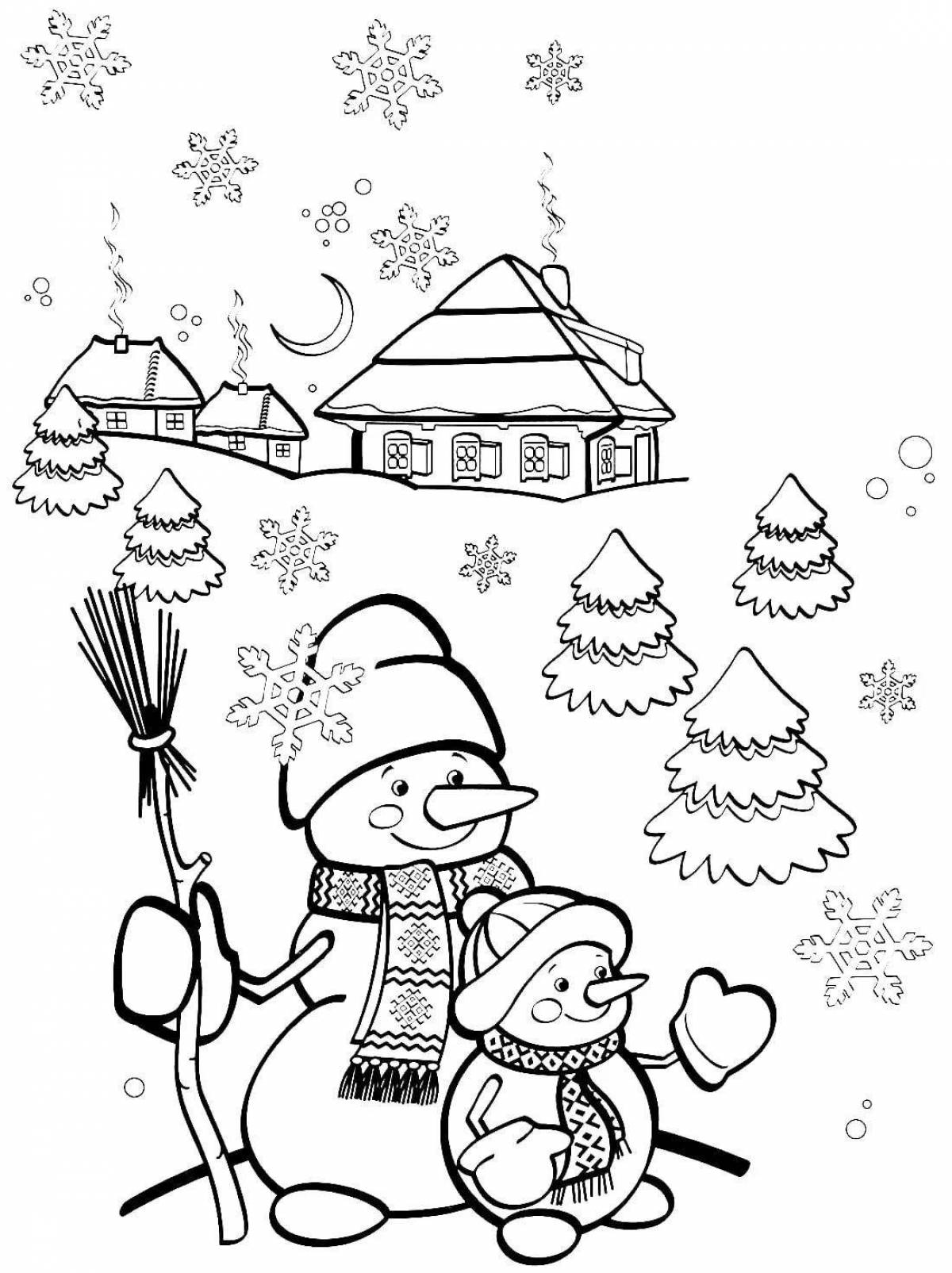 Coloring book luxury tree and snowman