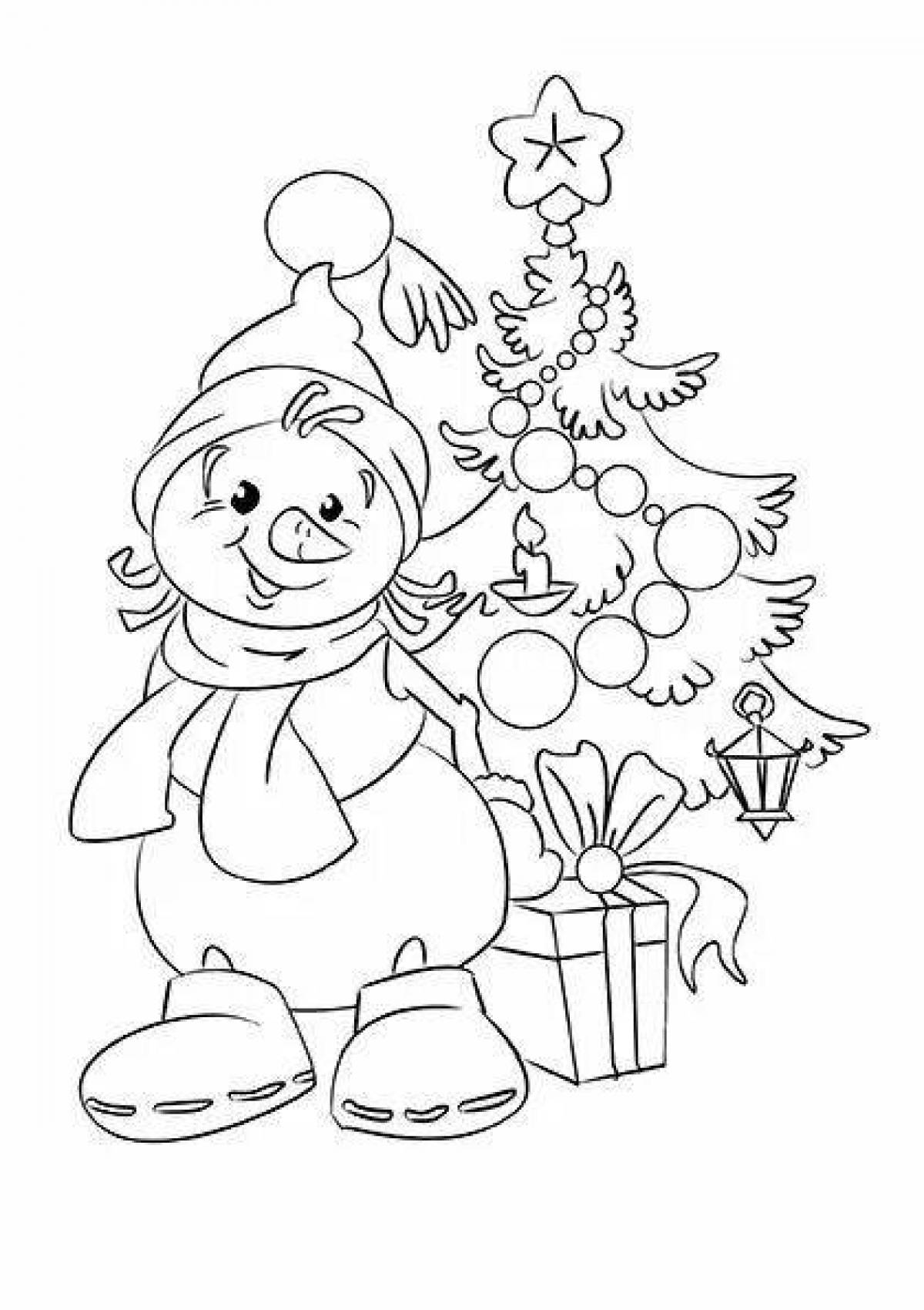 Adorable tree and snowman coloring page