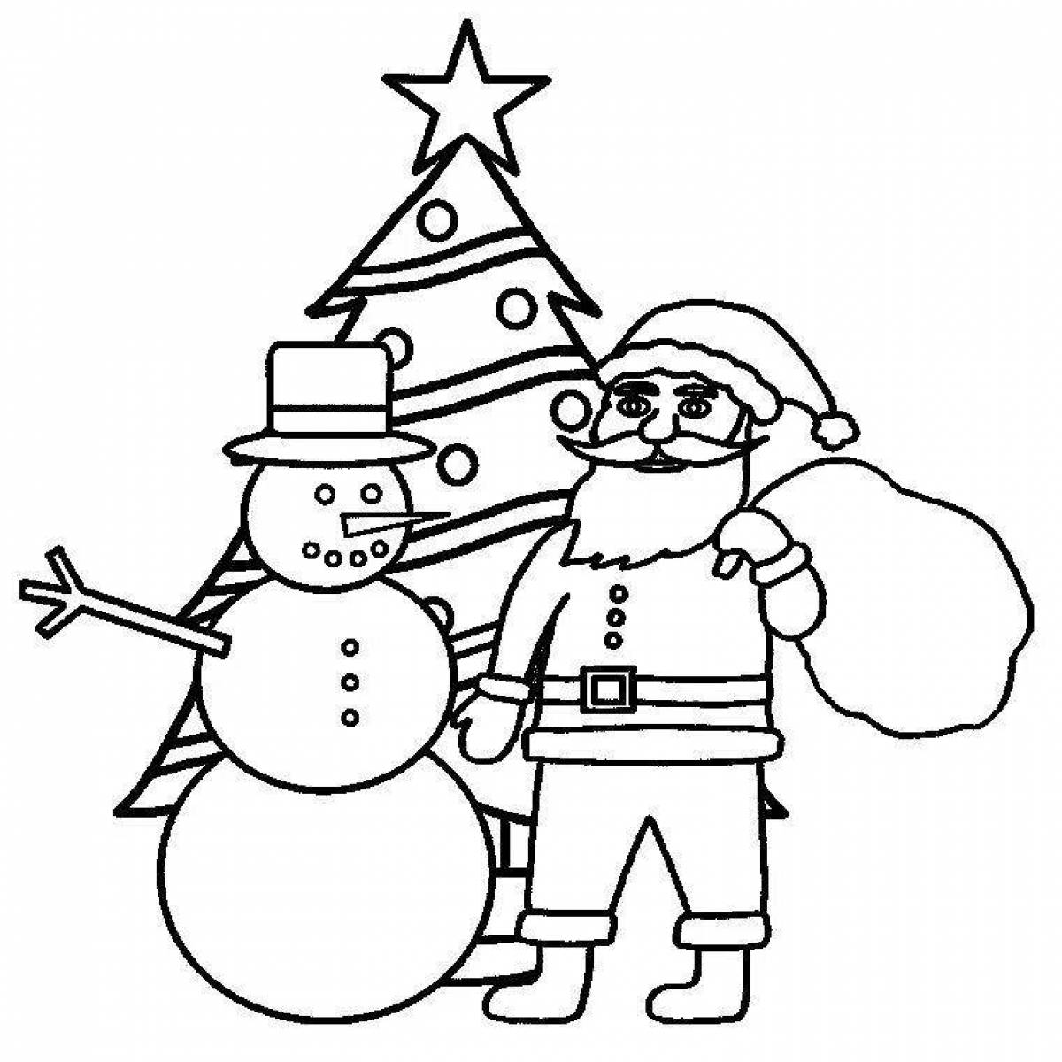Fancy tree and snowman coloring page