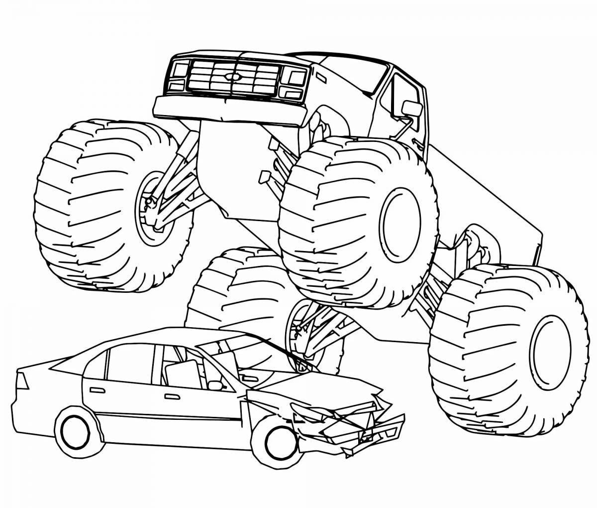 Playful monster truck coloring page for 3-4 year olds