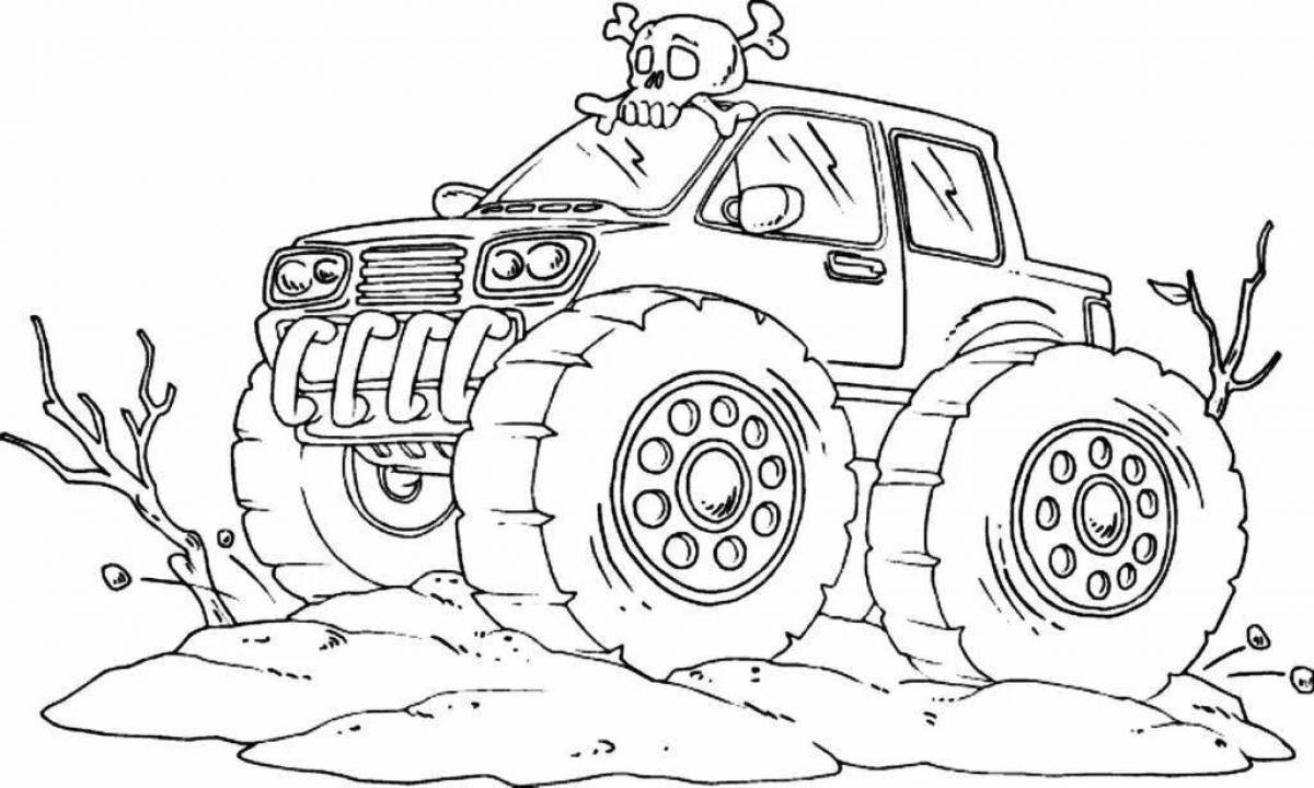 Animated monster truck coloring page for 3-4 year olds