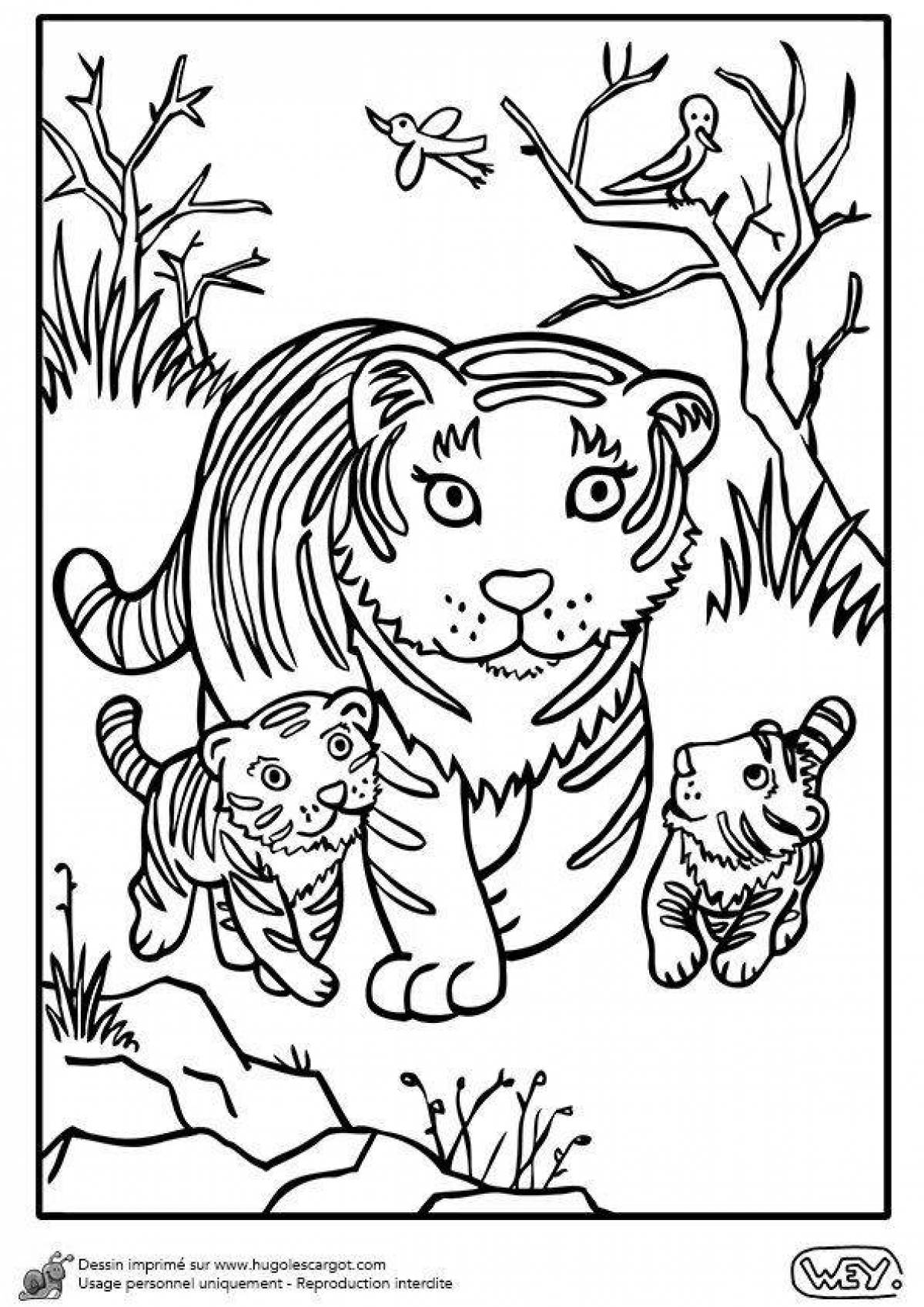 Colorful wild animal and baby coloring page