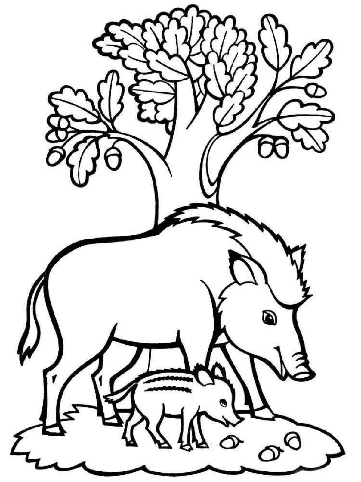 Comic wild animal and baby coloring page