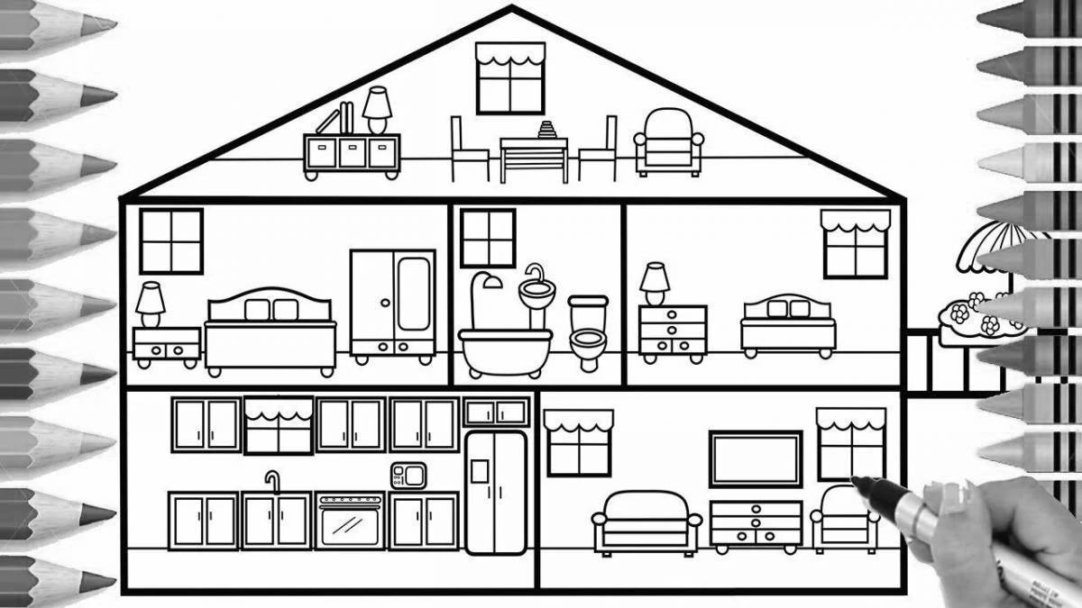 Раскраска дом с комнатами