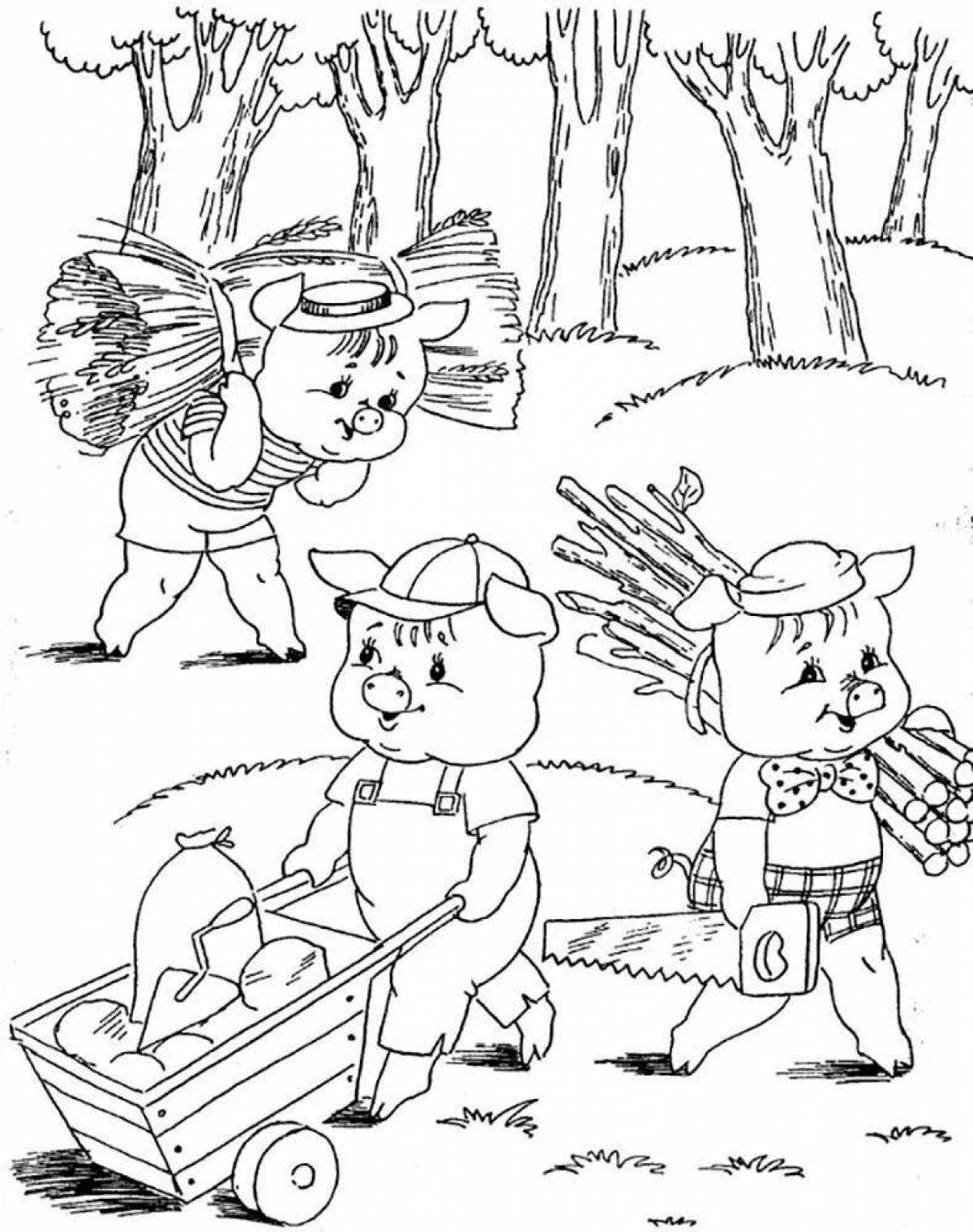 Fun coloring three little pigs for children 4-5 years old